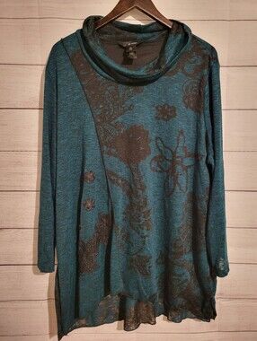 Ali Miles Womens Tunic Sweater 2X Dark Teal Cowl Neck Knit Floral Lagenlook